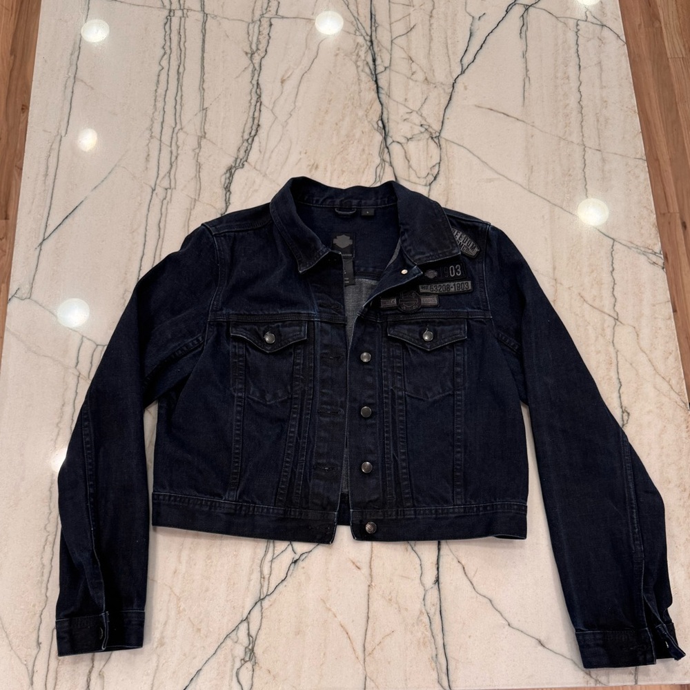 Black Label Dark Indigo Blue Harley Davidson Denim Jacket with Patches